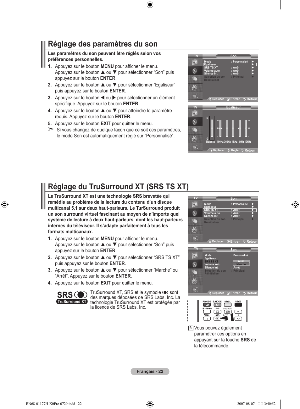 Réglage des paramètres du son, Réglage du trusurround xt (srs ts xt) | Samsung LE22S81B User Manual | Page 62 / 461