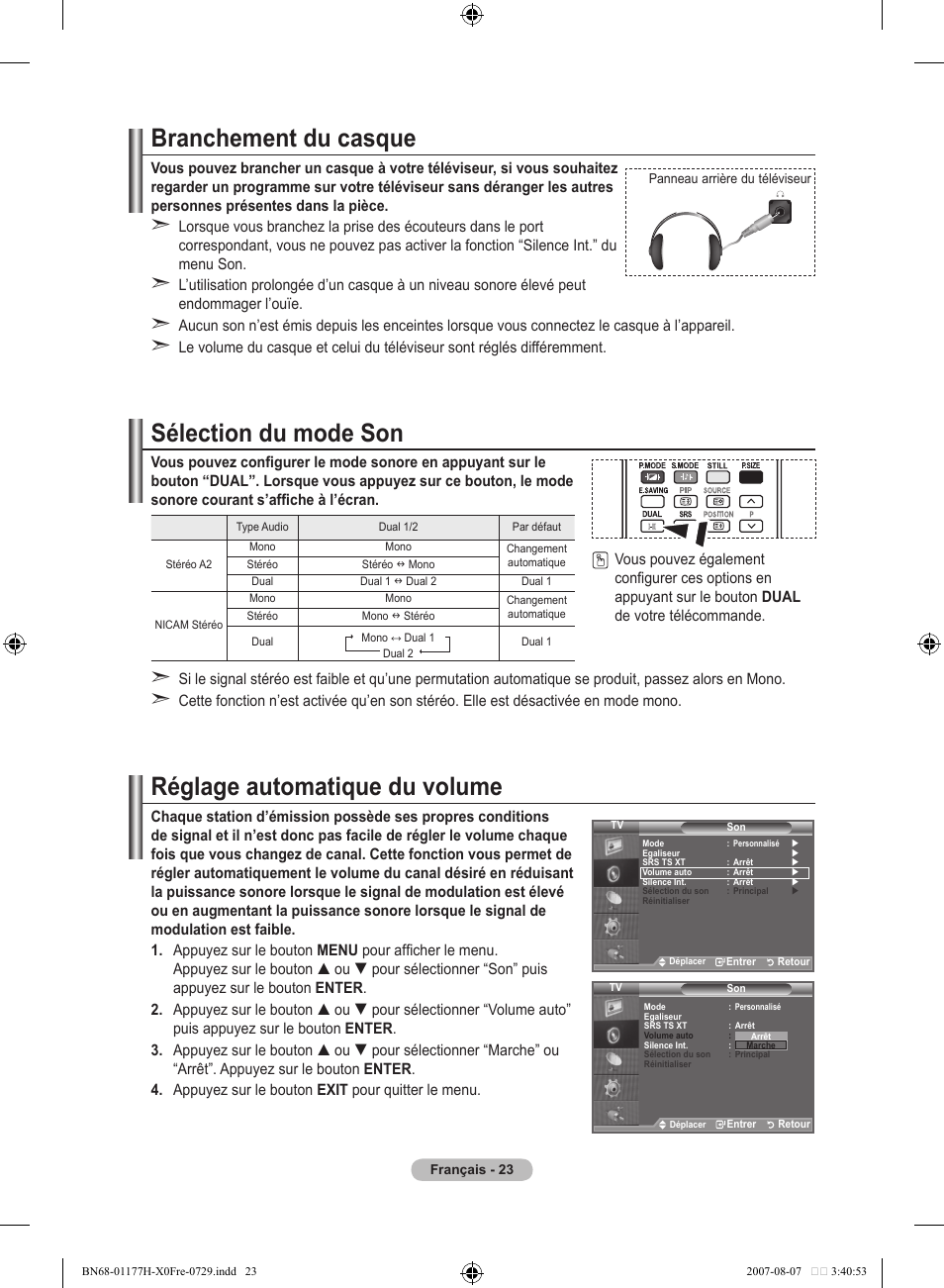 Branchement du casque, Sélection du mode son, Réglage automatique du volume | Samsung LE22S81B User Manual | Page 63 / 461