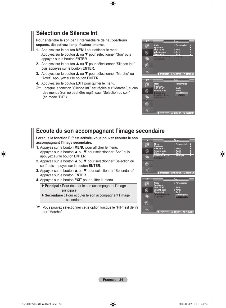 Sélection de silence int, Ecoute du son accompagnant l’image secondaire | Samsung LE22S81B User Manual | Page 64 / 461