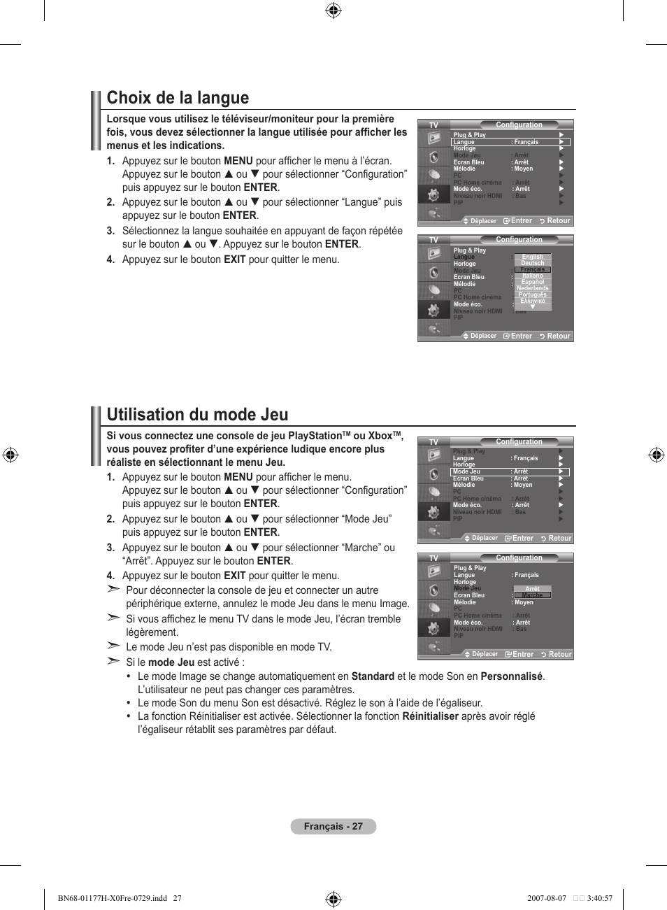 Choix de la langue, Utilisation du mode jeu, Si vous connectez une console de jeu playstation | Ou xbox | Samsung LE22S81B User Manual | Page 67 / 461