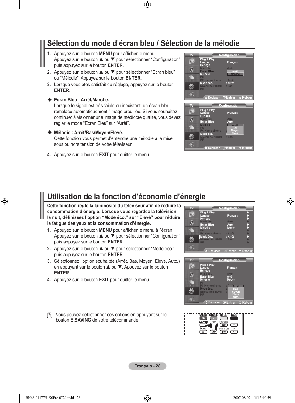 Utilisation de la fonction d’économie d’énergie | Samsung LE22S81B User Manual | Page 68 / 461