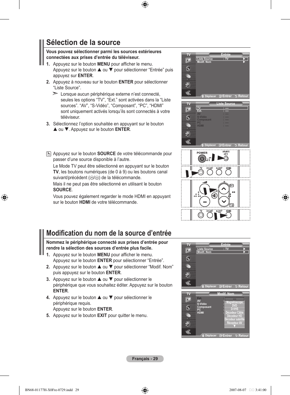 Sélection de la source, Modification du nom de la source d’entrée | Samsung LE22S81B User Manual | Page 69 / 461