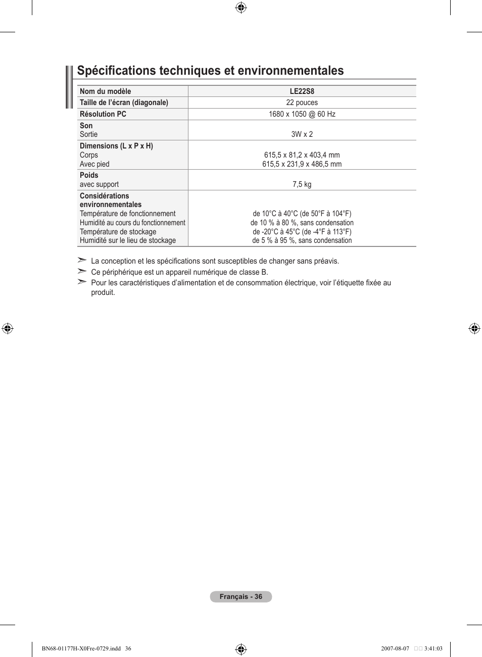 Spécifications techniques et environnementales | Samsung LE22S81B User Manual | Page 76 / 461