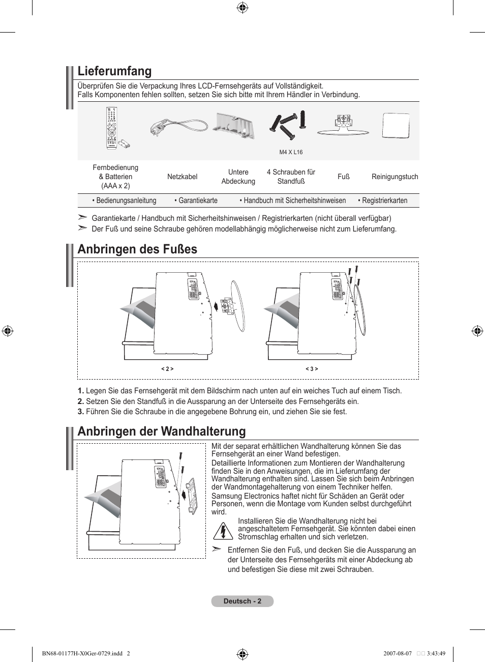 Lieferumfang, Anbringen des fußes, Anbringen der wandhalterung | Samsung LE22S81B User Manual | Page 80 / 461