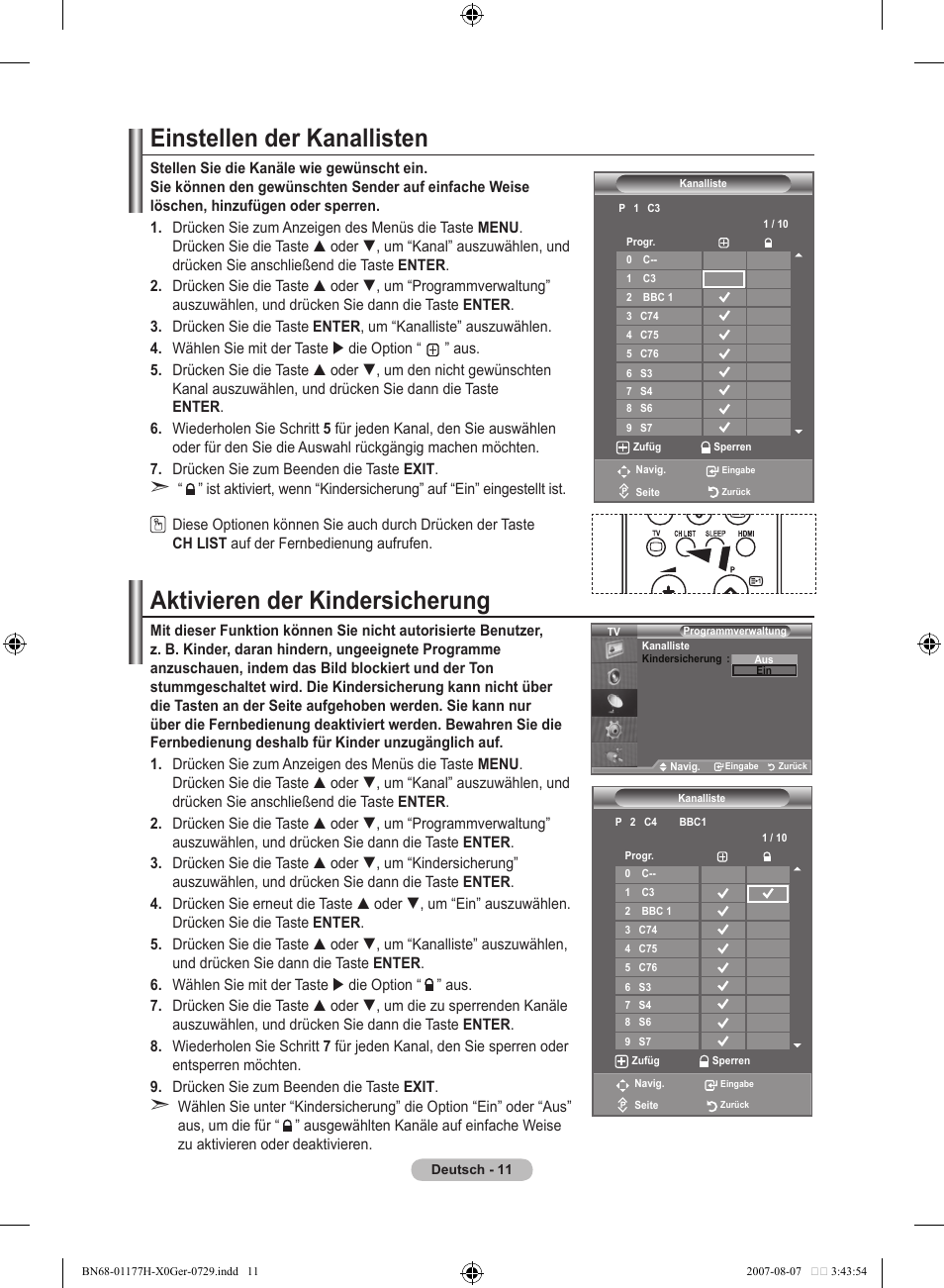 Einstellen der kanallisten, Aktivieren der kindersicherung | Samsung LE22S81B User Manual | Page 89 / 461