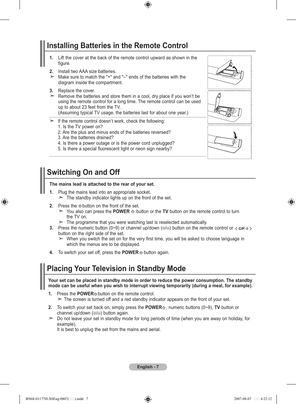 Installing batteries in the remote control, Switching on and off, Placing your television in standby mode | Samsung LE22S81B User Manual | Page 9 / 461