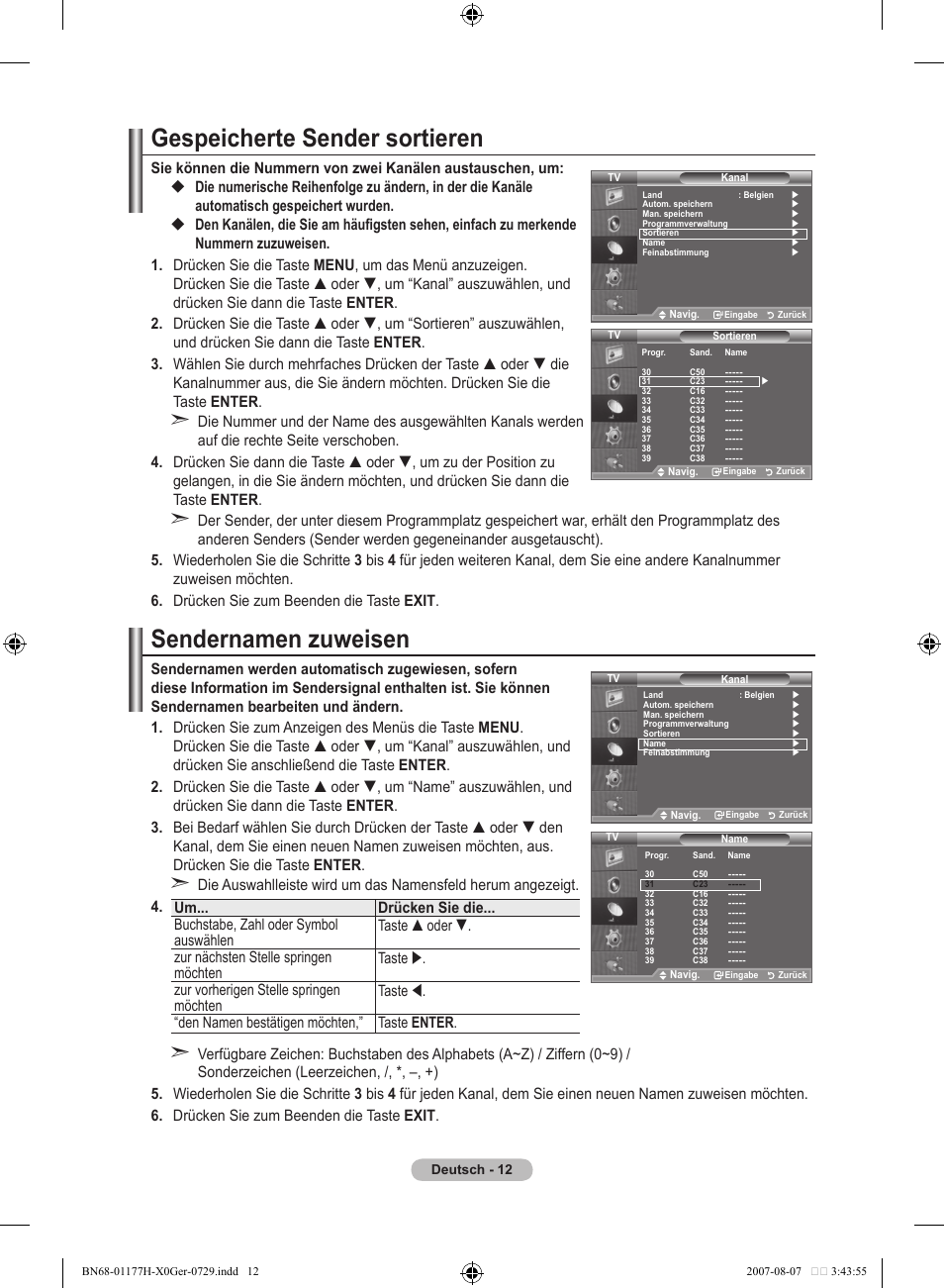 Gespeicherte sender sortieren, Sendernamen zuweisen | Samsung LE22S81B User Manual | Page 90 / 461