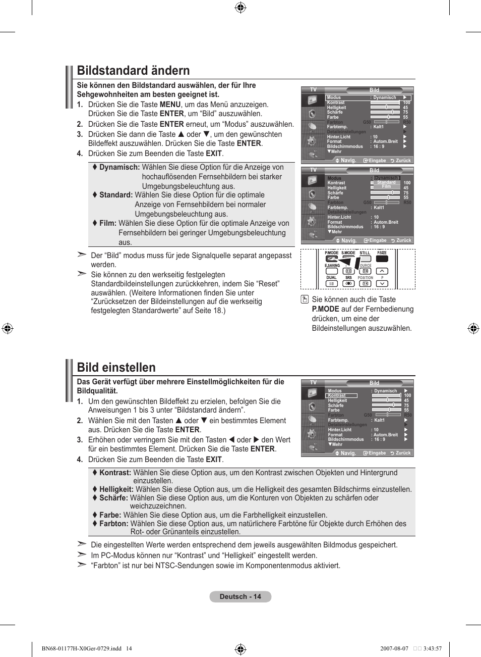 Bildstandard ändern, Bild einstellen | Samsung LE22S81B User Manual | Page 92 / 461