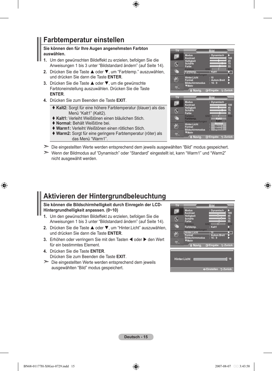 Farbtemperatur einstellen, Aktivieren der hintergrundbeleuchtung | Samsung LE22S81B User Manual | Page 93 / 461