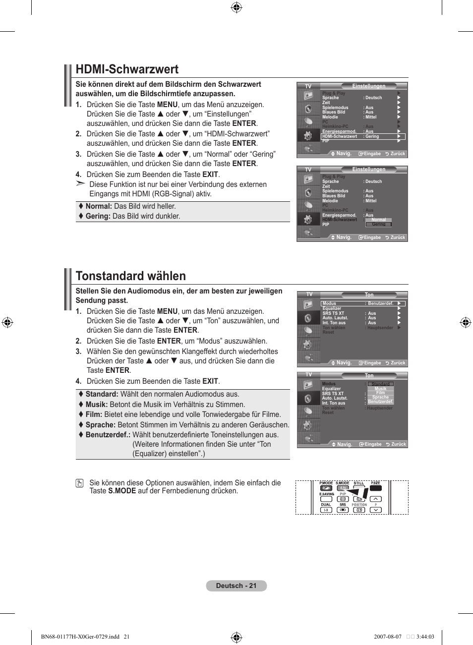 Hdmi-schwarzwert, Tonstandard wählen | Samsung LE22S81B User Manual | Page 99 / 461