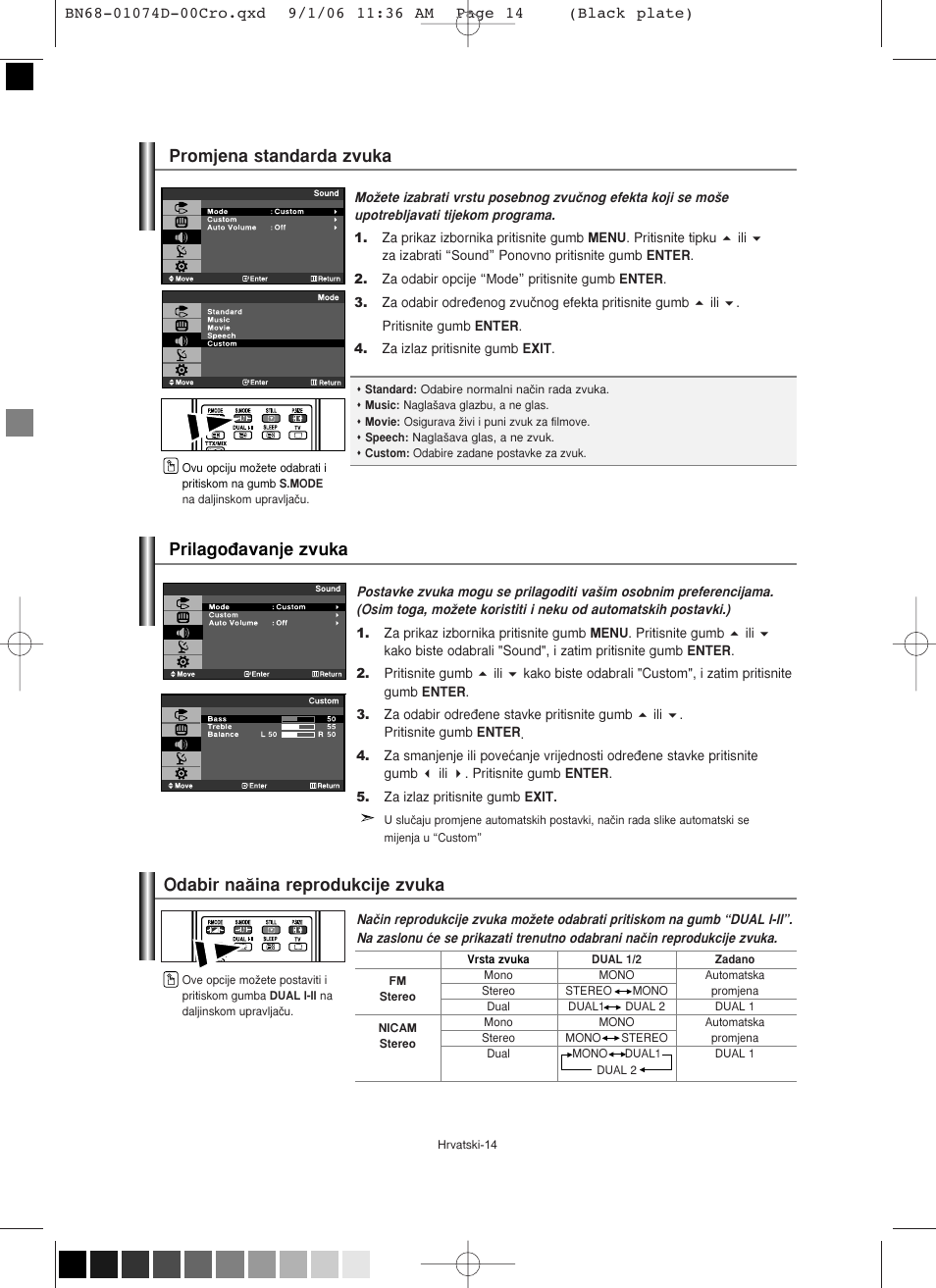 Promjena standarda zvuka prilago√avanje zvuka, Odabir na™ina reprodukcije zvuka | Samsung LE19R71W User Manual | Page 166 / 203