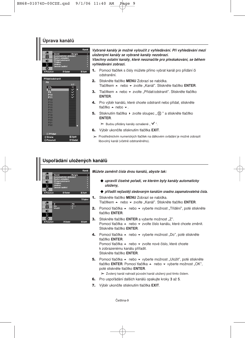 Úprava kanálû uspoﬁádání uloïen˘ch kanálû | Samsung LE19R71W User Manual | Page 186 / 203