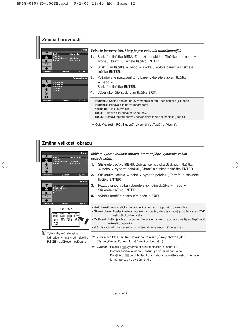Zmûna barevnosti zmûna velikosti obrazu | Samsung LE19R71W User Manual | Page 189 / 203