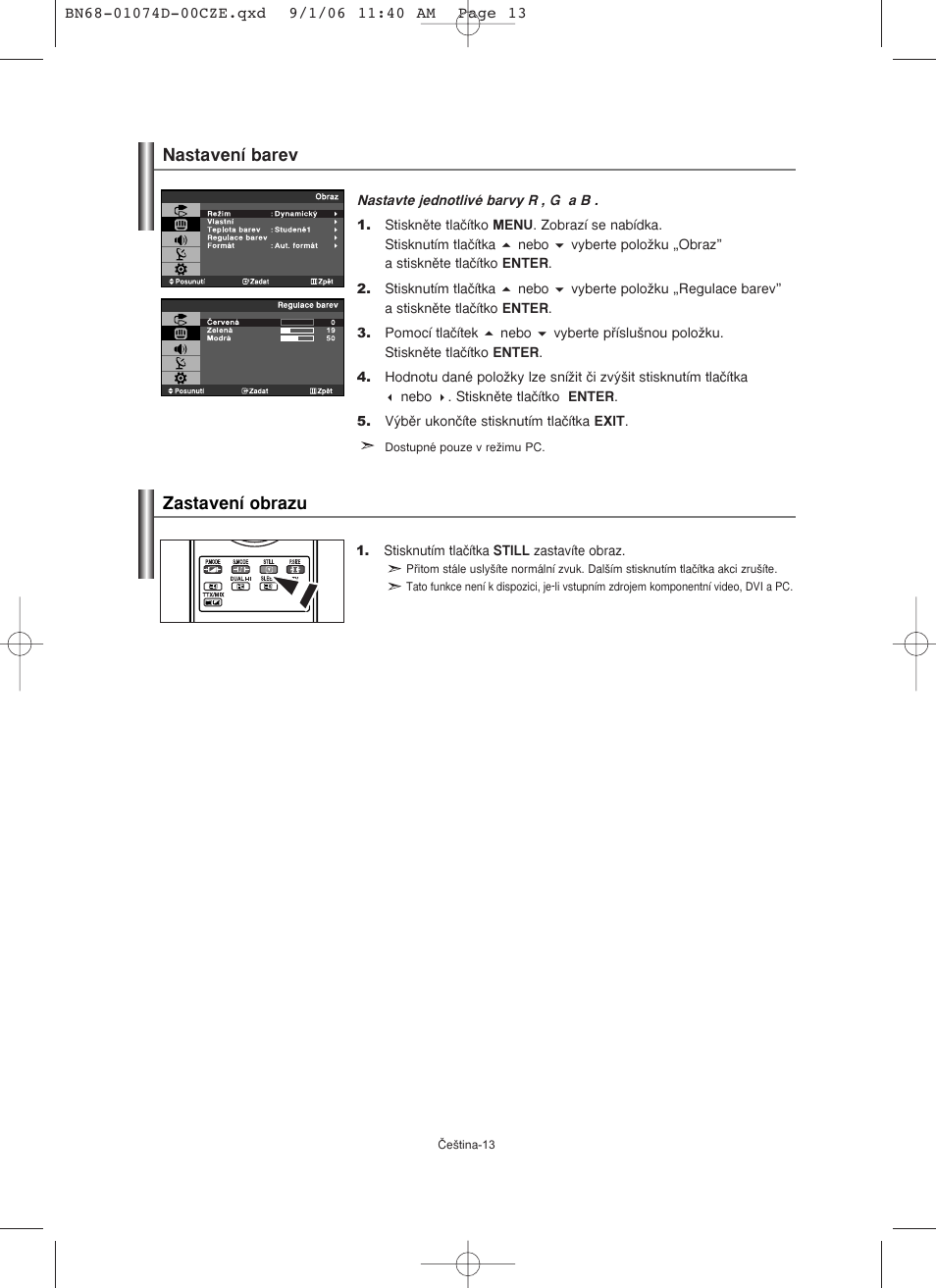 Nastavení barev zastavení obrazu | Samsung LE19R71W User Manual | Page 190 / 203