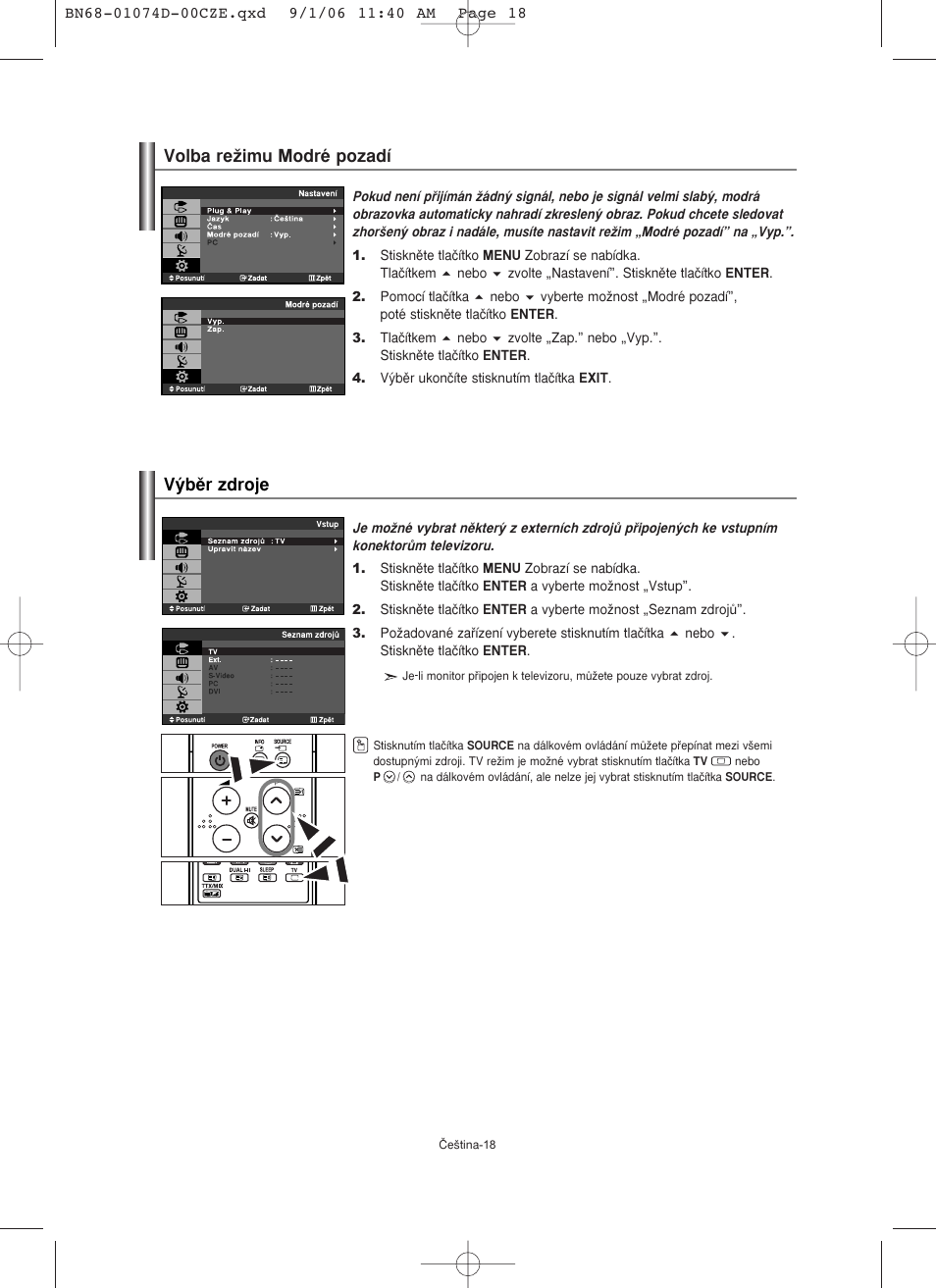 Volba reïimu modré pozadí v˘bûr zdroje | Samsung LE19R71W User Manual | Page 195 / 203