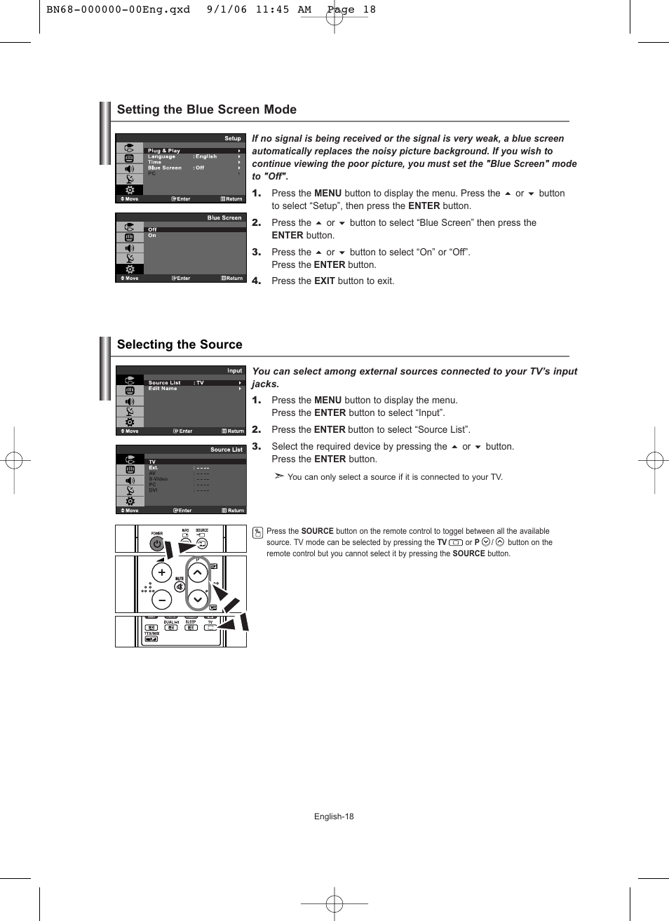 Setting the blue screen mode, Selecting the source, Setting the blue screen mode selecting the source | Samsung LE19R71W User Manual | Page 20 / 203