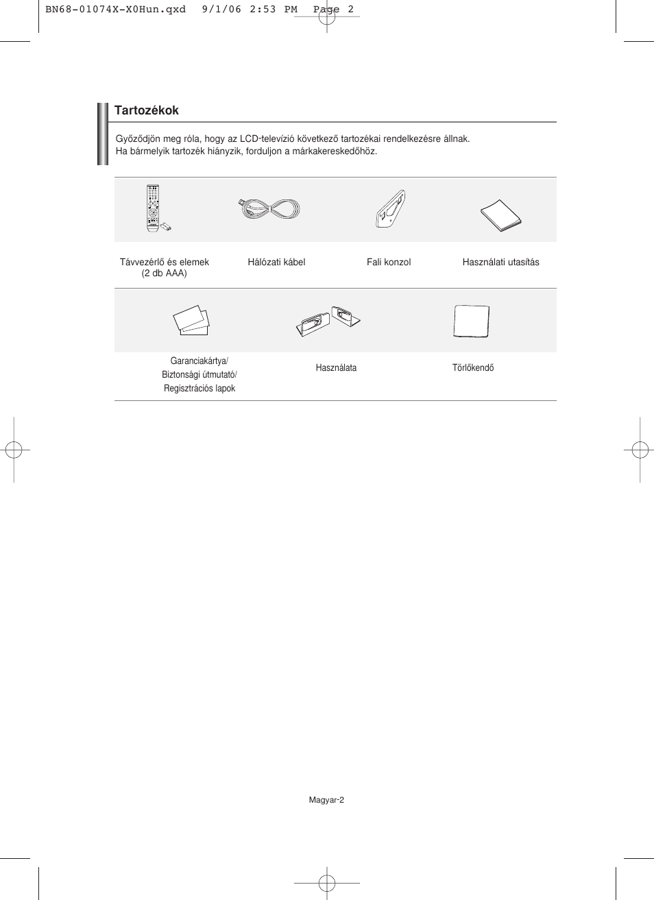 Tartozékok | Samsung LE19R71W User Manual | Page 29 / 203