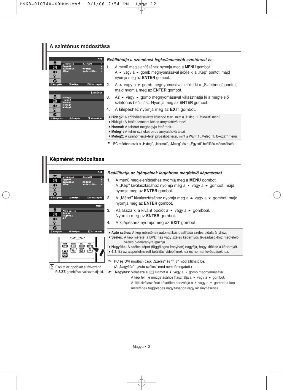 A színtónus módosítása képméret módosítása | Samsung LE19R71W User Manual | Page 39 / 203