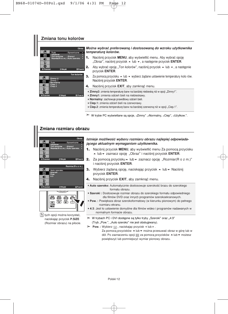 Zmiana tonu kolorów zmiana rozmiaru obrazu | Samsung LE19R71W User Manual | Page 64 / 203