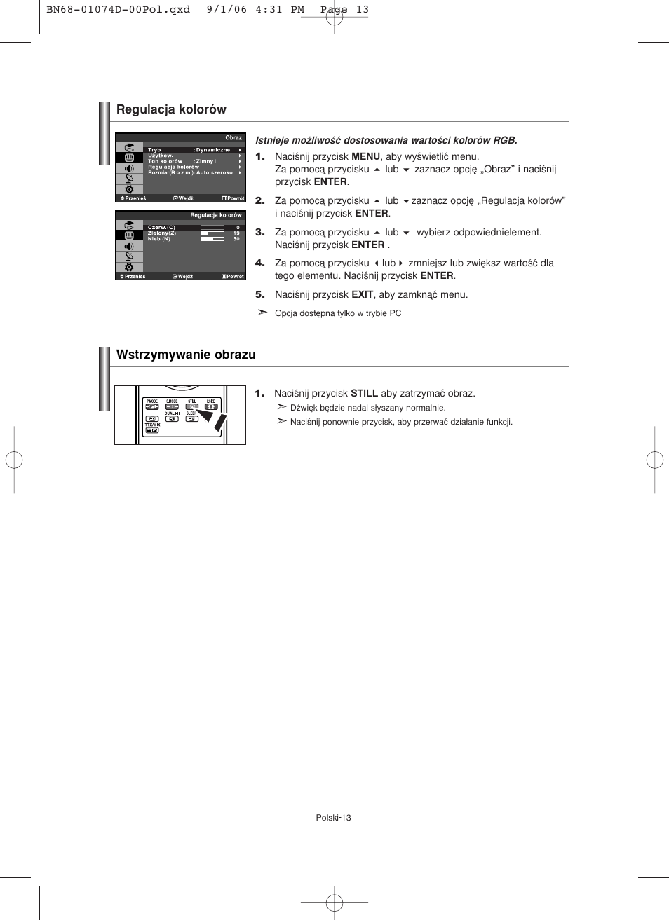 Regulacja kolorów wstrzymywanie obrazu | Samsung LE19R71W User Manual | Page 65 / 203