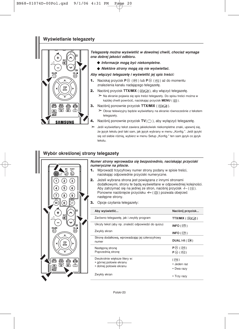 Wybór okreêlonej strony telegazety, Wyêwietlanie telegazety | Samsung LE19R71W User Manual | Page 72 / 203