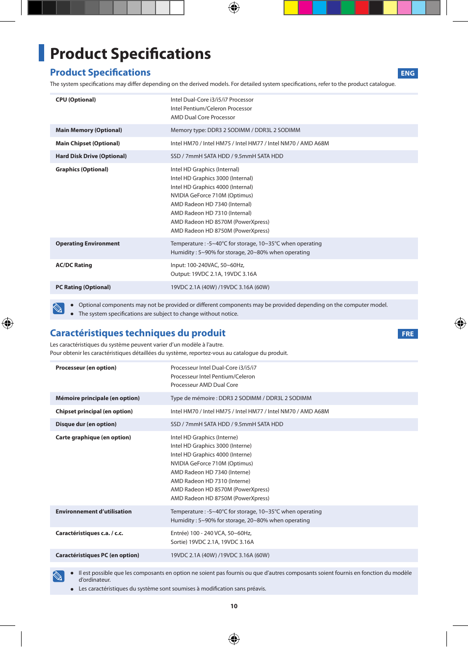 Product specifications, Caractéristiques techniques du produit | Samsung NP270E5V User Manual | Page 10 / 27