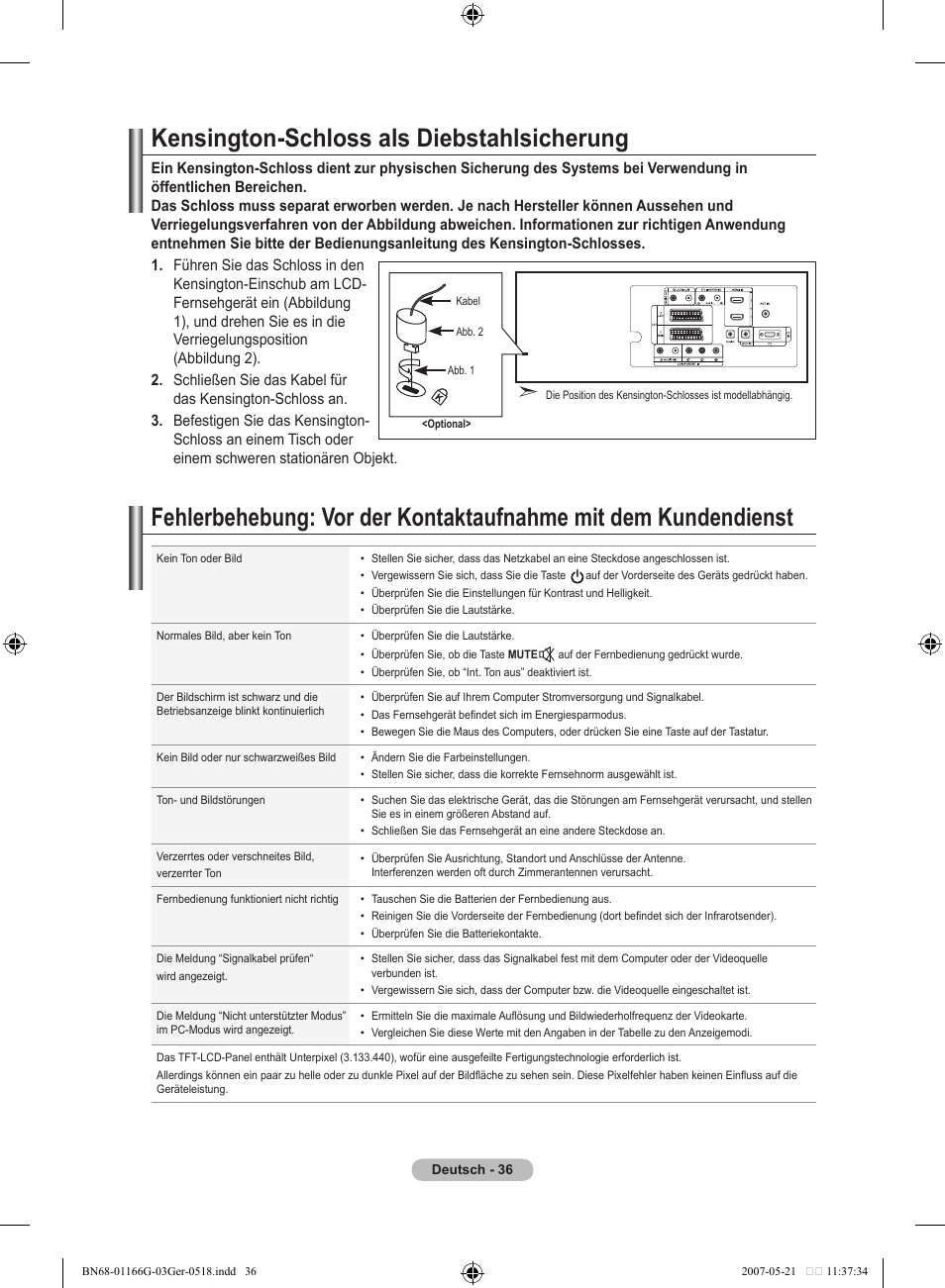 Kensington-schloss als diebstahlsicherung | Samsung LE23R81B User Manual | Page 114 / 463