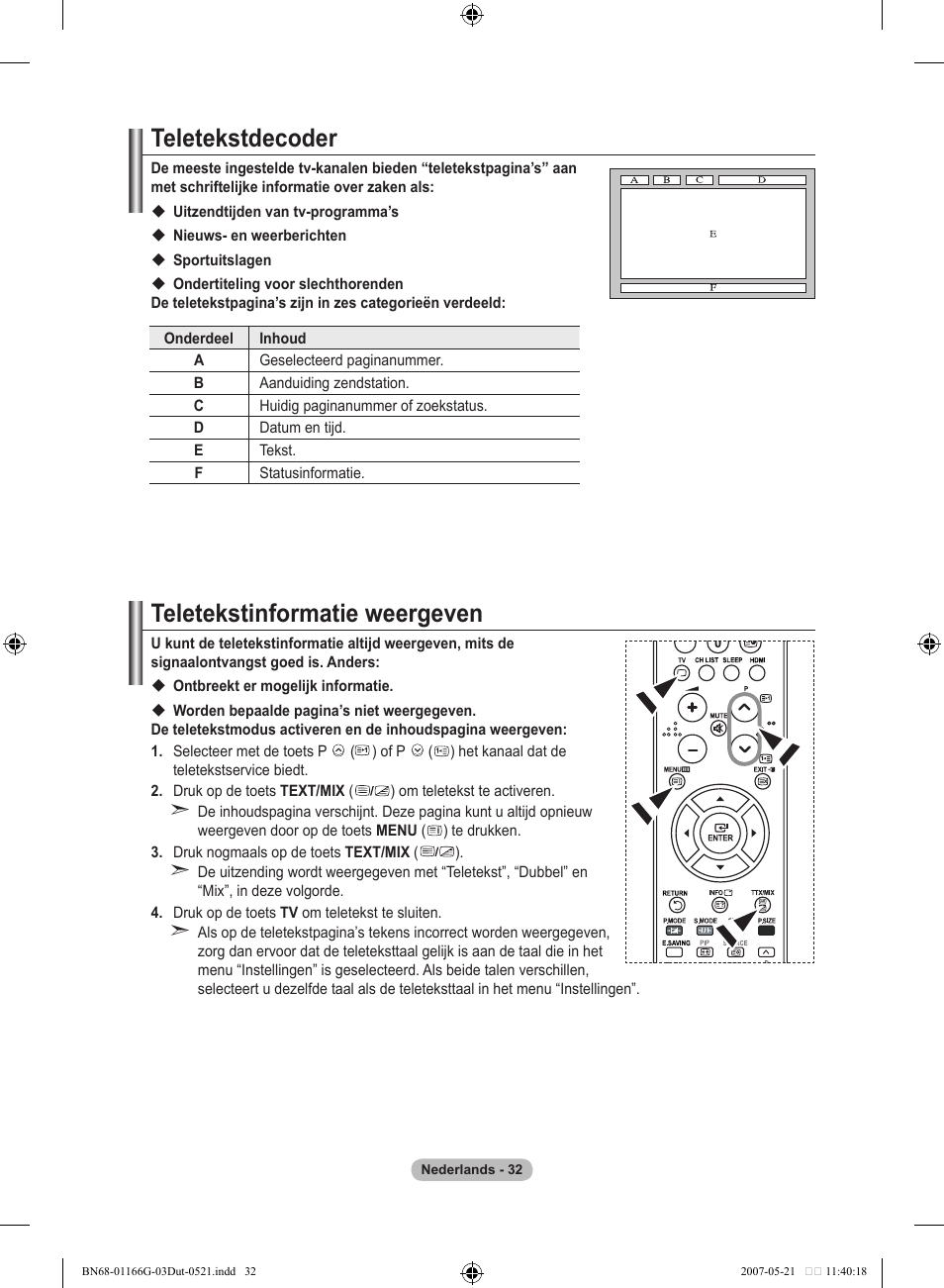 Teletekstdecoder, Teletekstinformatie weergeven | Samsung LE23R81B User Manual | Page 148 / 463