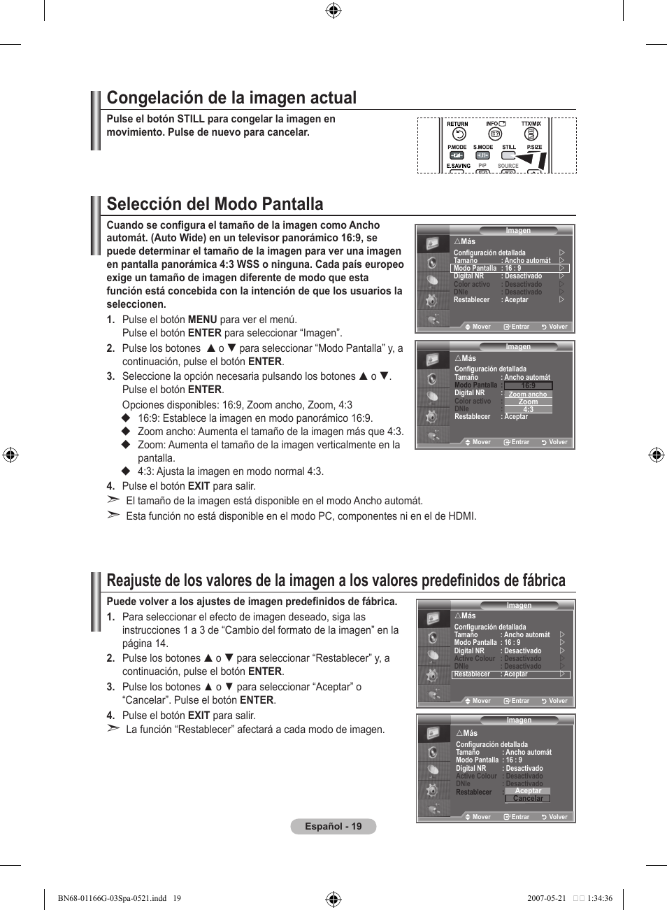 Congelación de la imagen actual, Selección del modo pantalla | Samsung LE23R81B User Manual | Page 213 / 463
