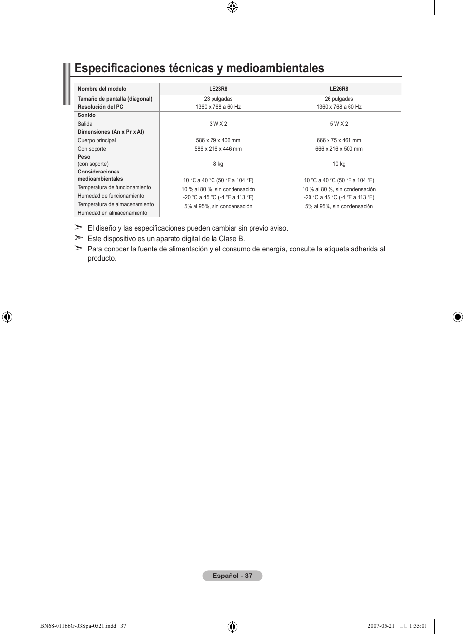 Especificaciones técnicas y medioambientales | Samsung LE23R81B User Manual | Page 231 / 463