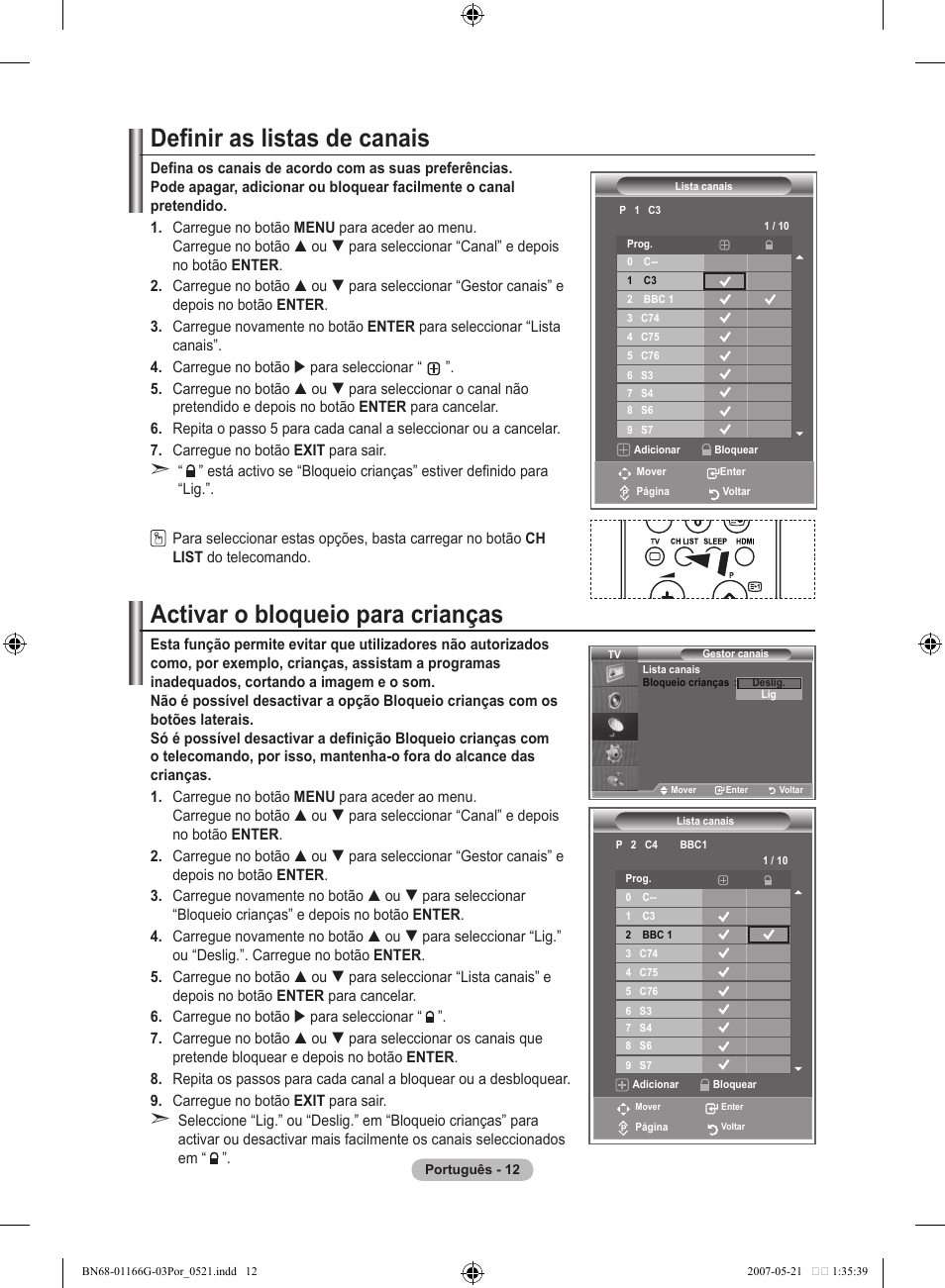 Definir as listas de canais, Activar o bloqueio para crianças | Samsung LE23R81B User Manual | Page 244 / 463
