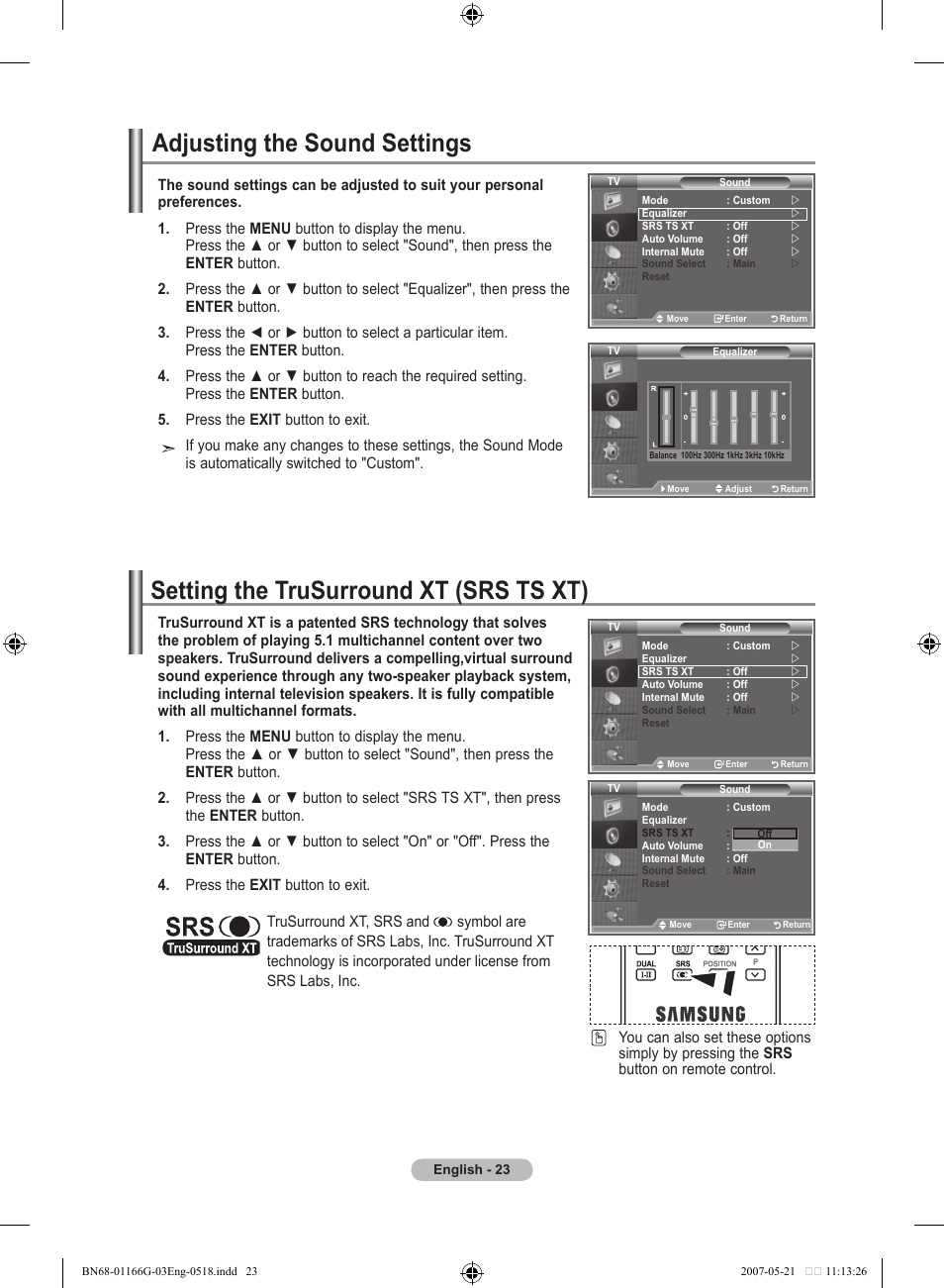 Adjusting the sound settings, Setting the trusurround xt (srs ts xt) | Samsung LE23R81B User Manual | Page 25 / 463