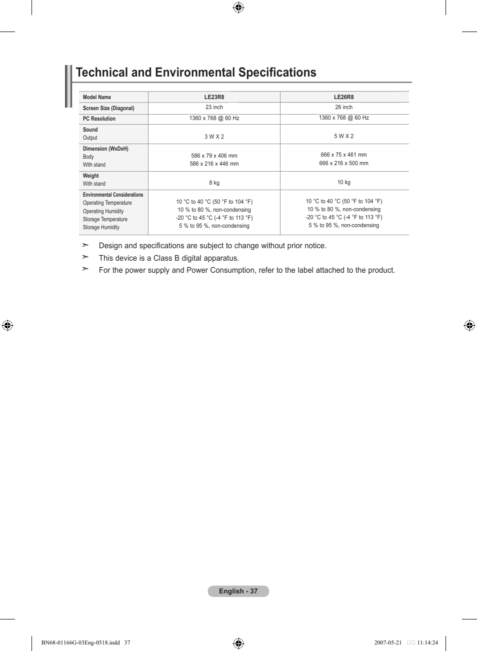Technical and environmental specifications | Samsung LE23R81B User Manual | Page 39 / 463
