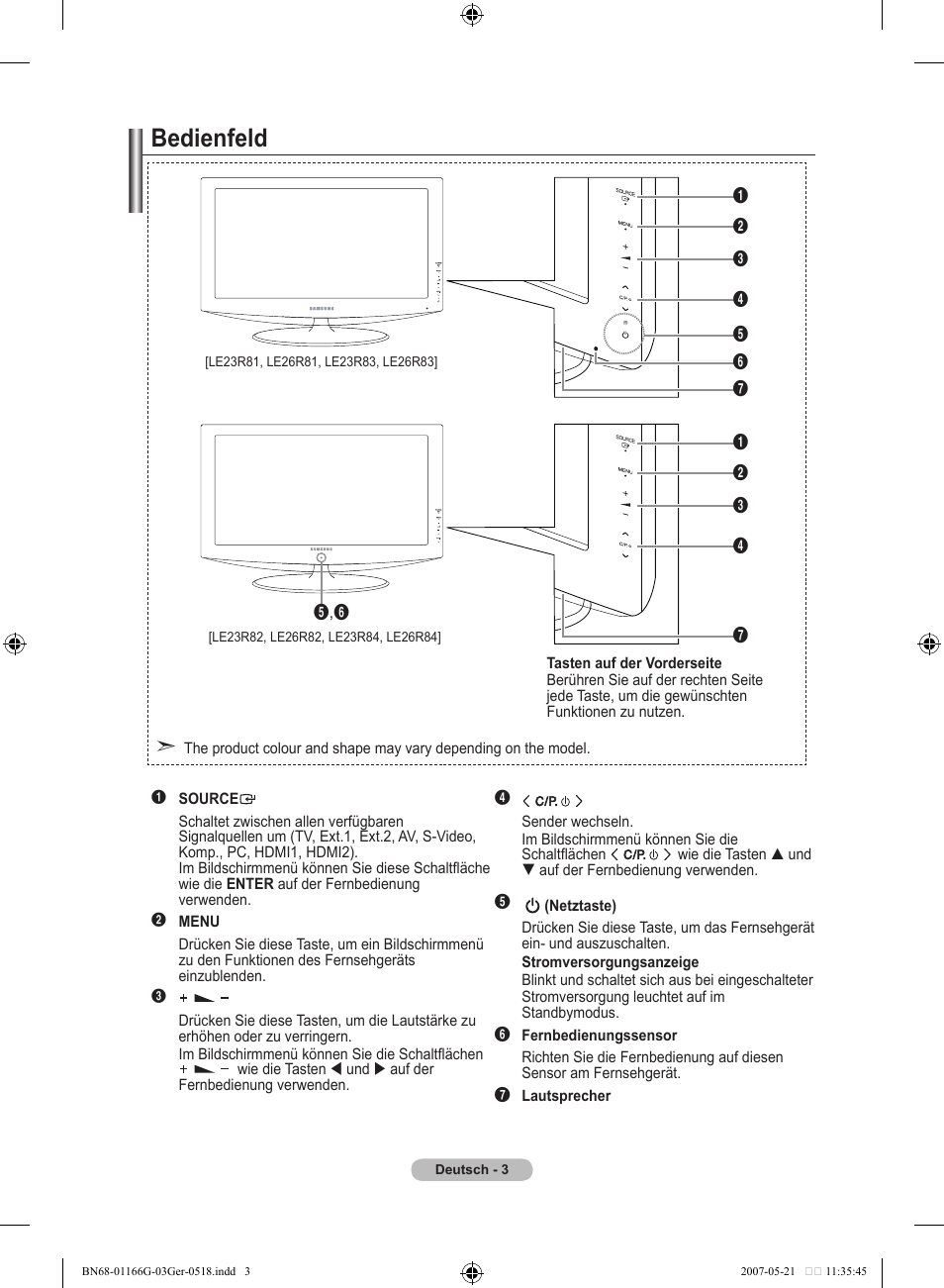 Bedienfeld | Samsung LE23R81B User Manual | Page 81 / 463