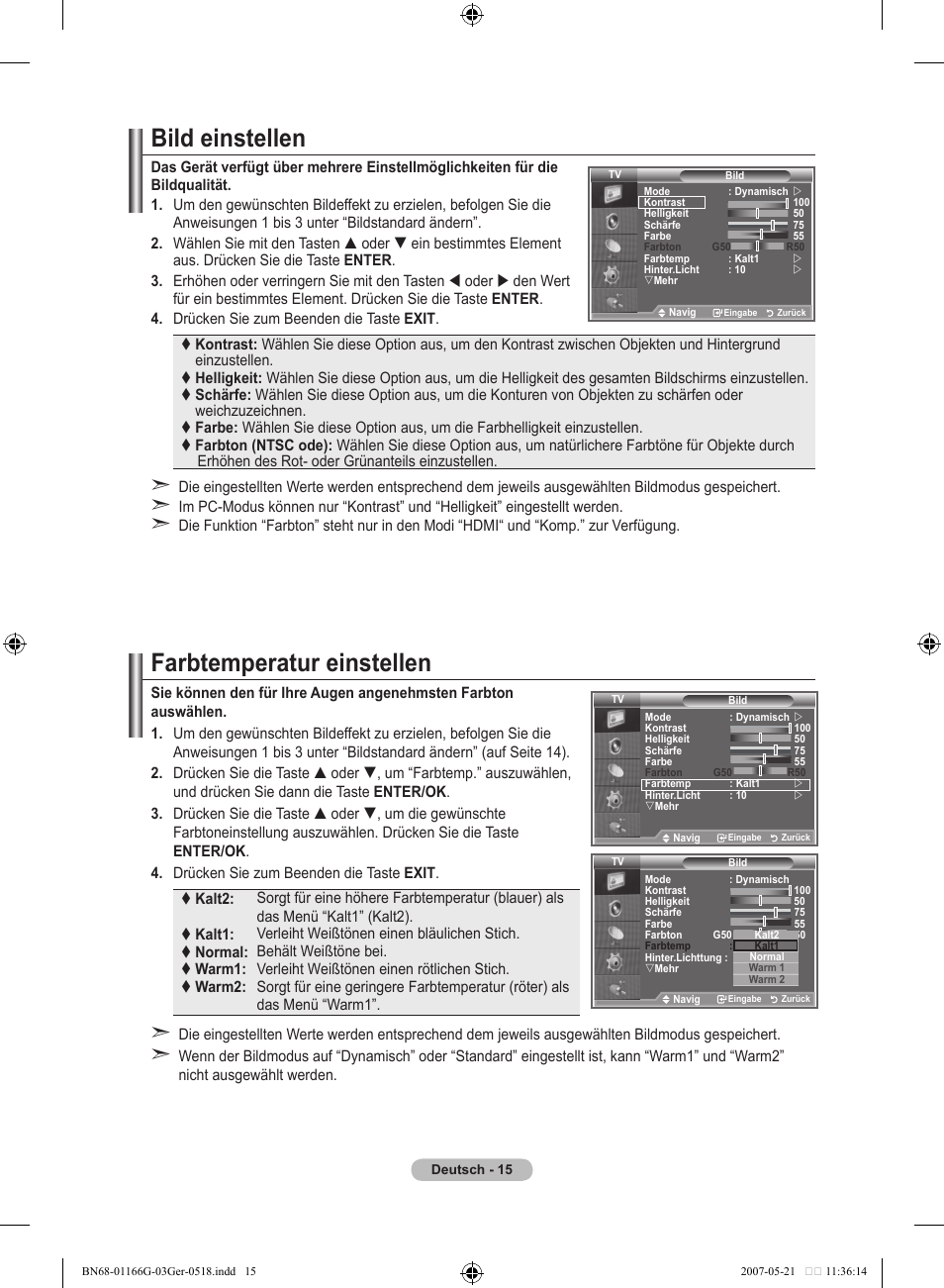 Bild einstellen, Farbtemperatur einstellen | Samsung LE23R81B User Manual | Page 93 / 463