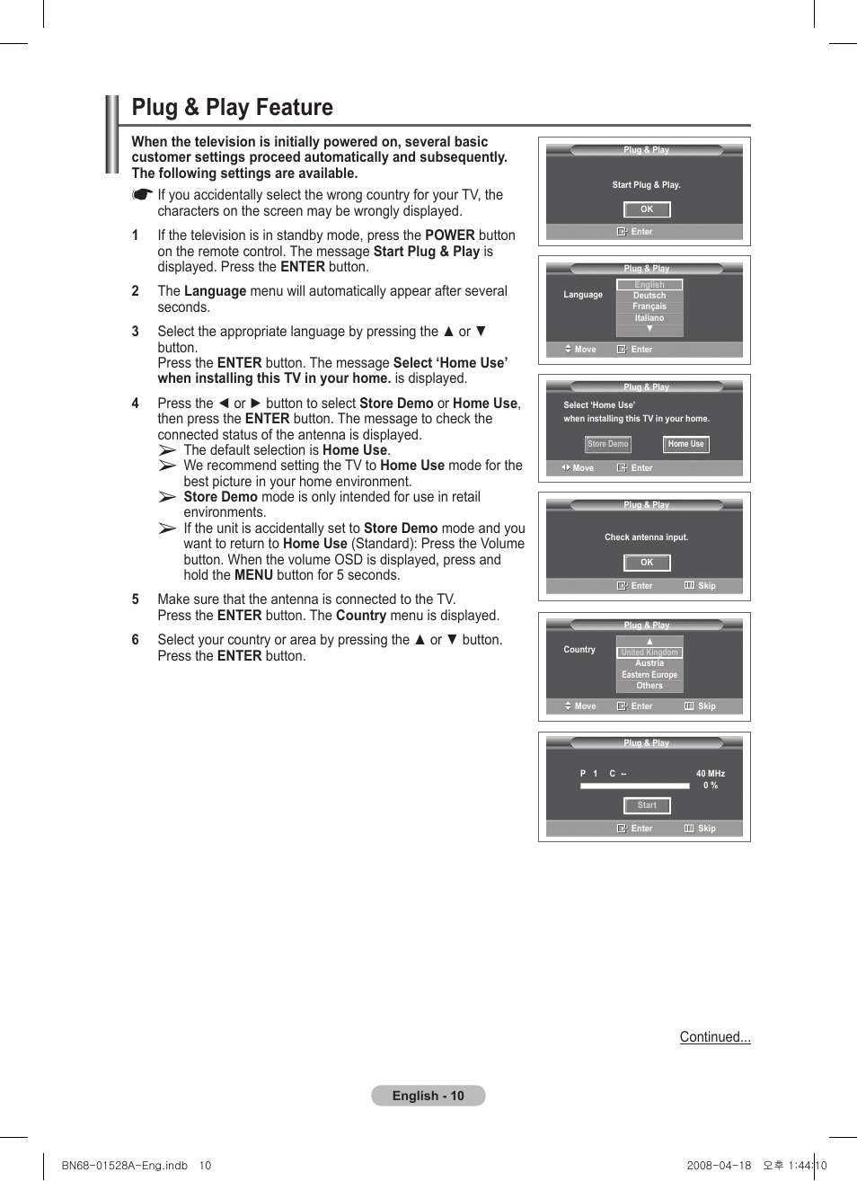 Plug & play feature | Samsung PS50A470P1 User Manual | Page 10 / 519