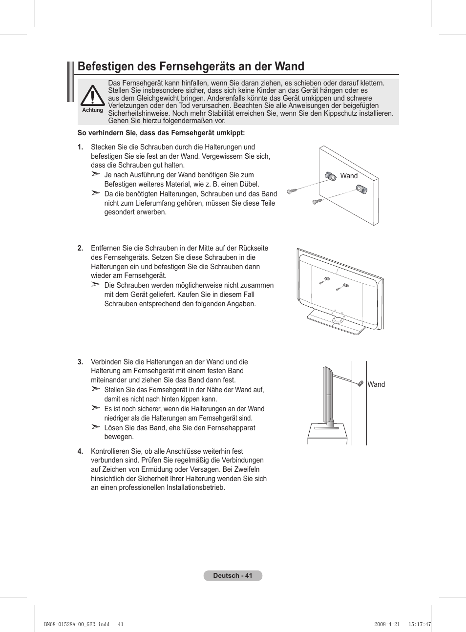Befestigen des fernsehgeräts an der wand | Samsung PS50A470P1 User Manual | Page 128 / 519