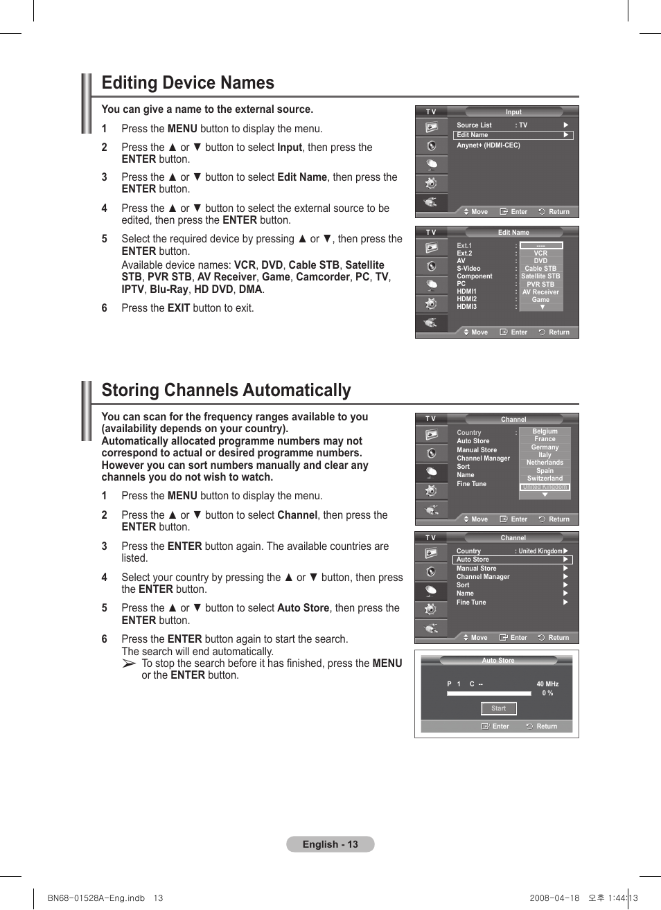 Editing device names, Storing channels automatically | Samsung PS50A470P1 User Manual | Page 13 / 519