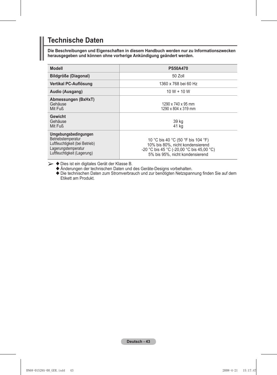 Technische daten | Samsung PS50A470P1 User Manual | Page 130 / 519