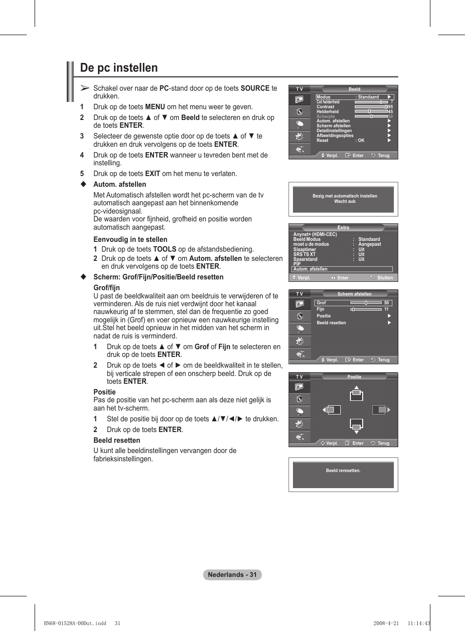 De pc instellen | Samsung PS50A470P1 User Manual | Page 161 / 519