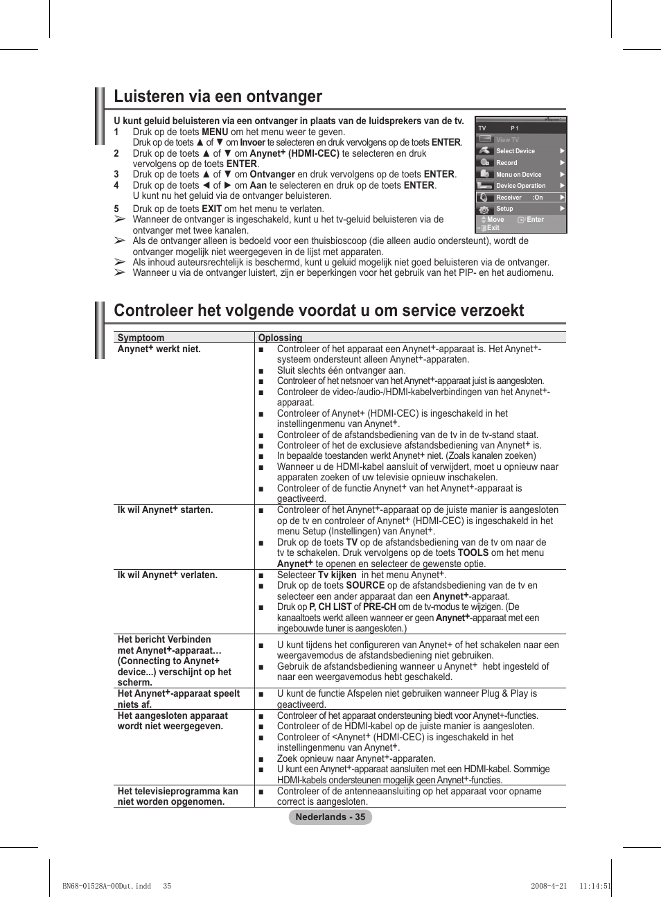 Luisteren via een ontvanger | Samsung PS50A470P1 User Manual | Page 165 / 519