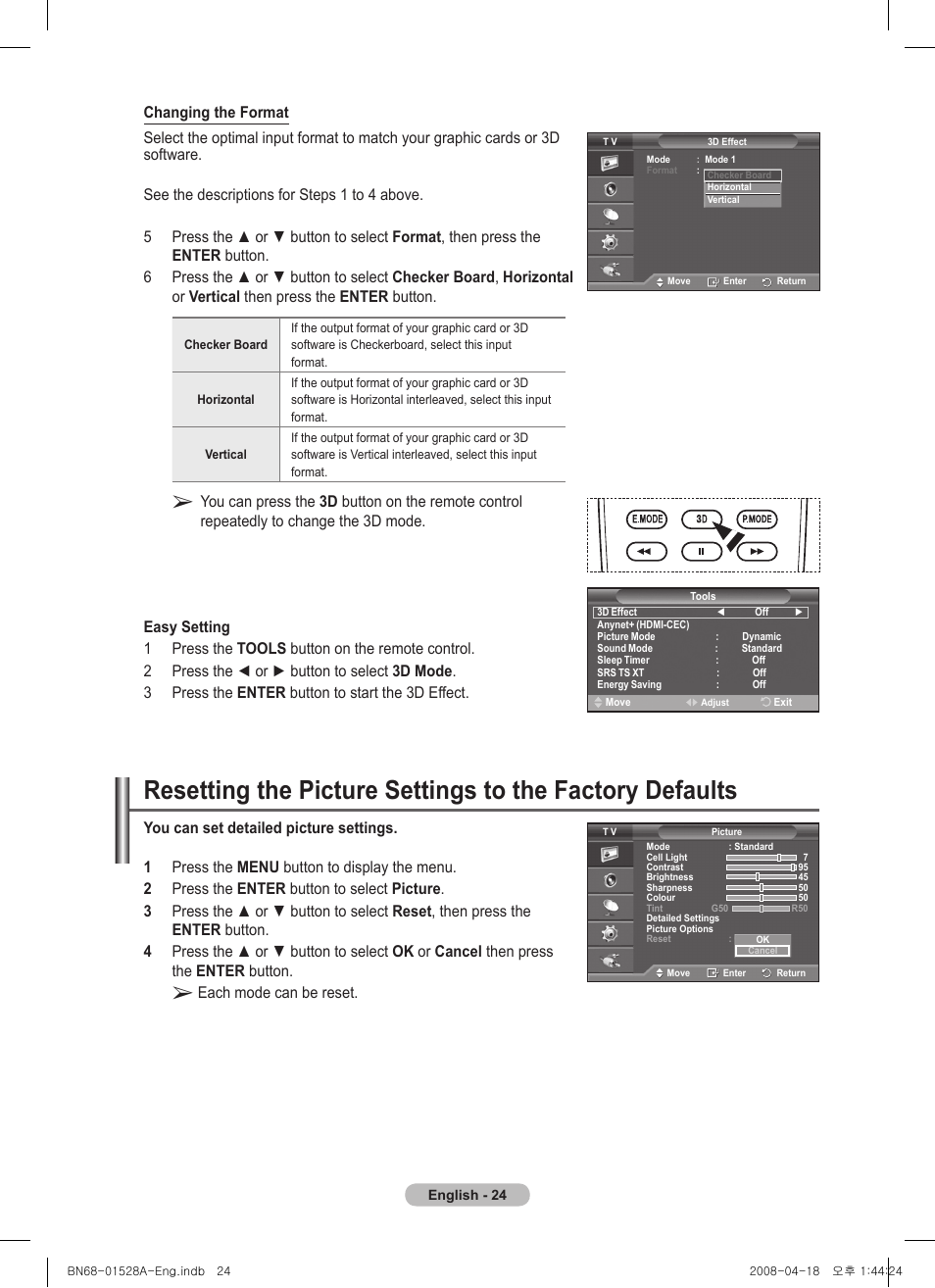 Each mode can be reset | Samsung PS50A470P1 User Manual | Page 24 / 519