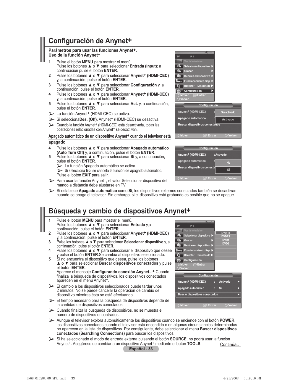 Configuración de anynet, Búsqueda y cambio de dispositivos anynet | Samsung PS50A470P1 User Manual | Page 250 / 519