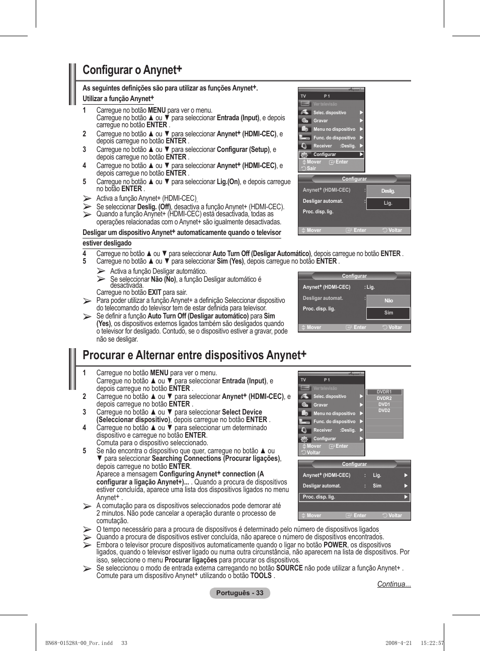 Configurar o anynet, Procurar e alternar entre dispositivos anynet | Samsung PS50A470P1 User Manual | Page 293 / 519