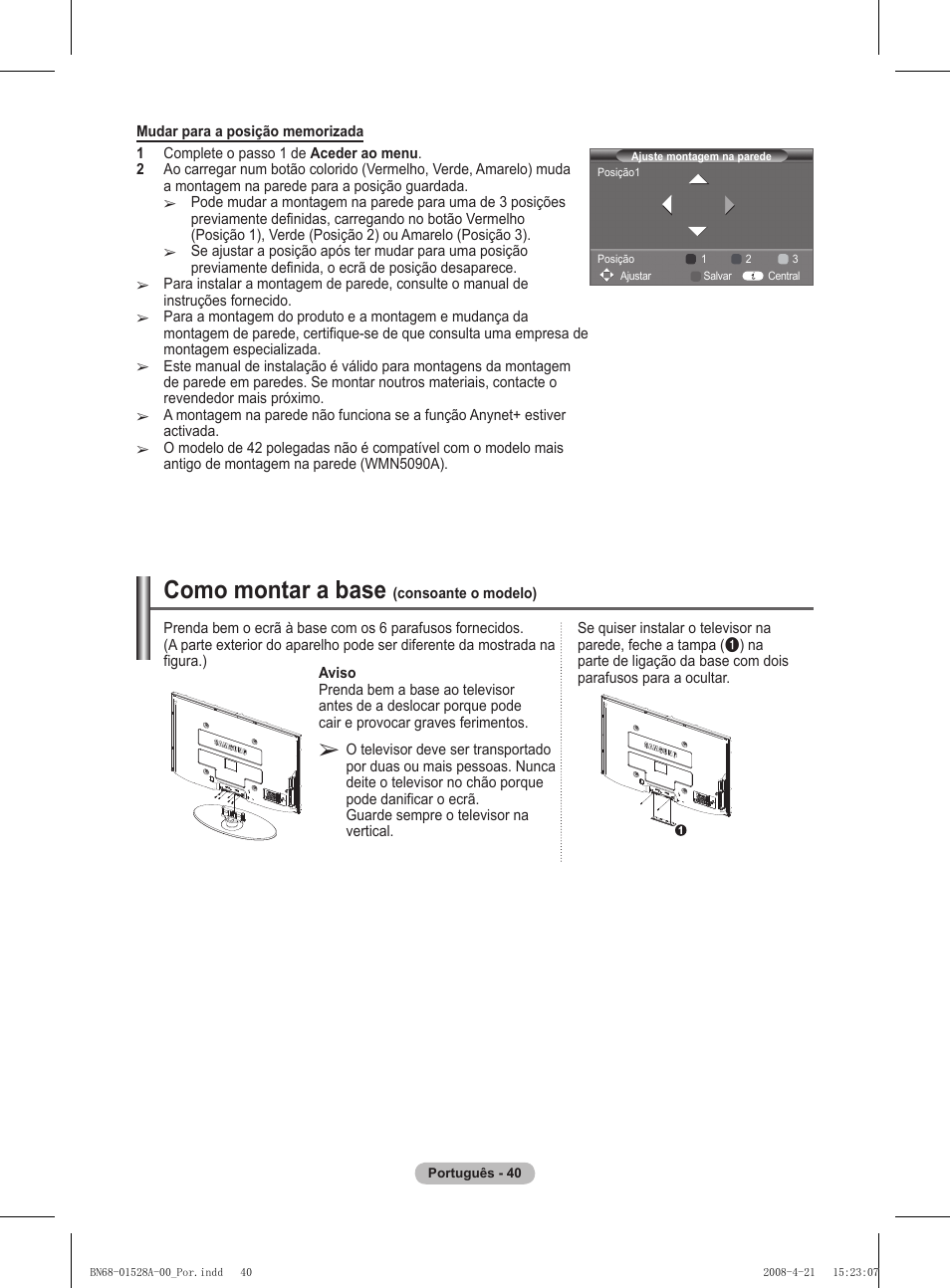 Como montar a base | Samsung PS50A470P1 User Manual | Page 300 / 519