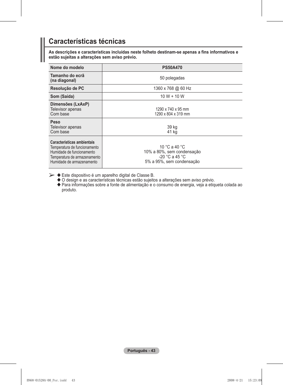 Características técnicas | Samsung PS50A470P1 User Manual | Page 303 / 519