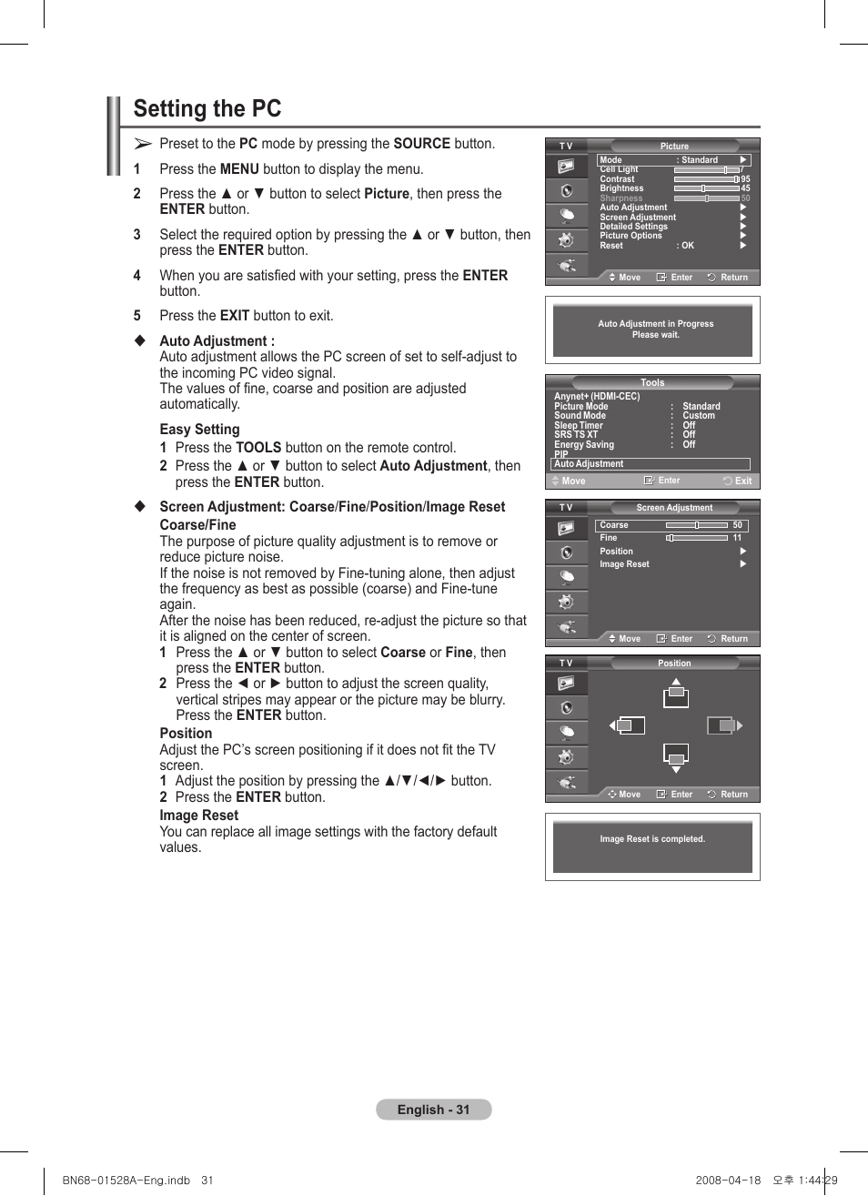 Setting the pc | Samsung PS50A470P1 User Manual | Page 31 / 519