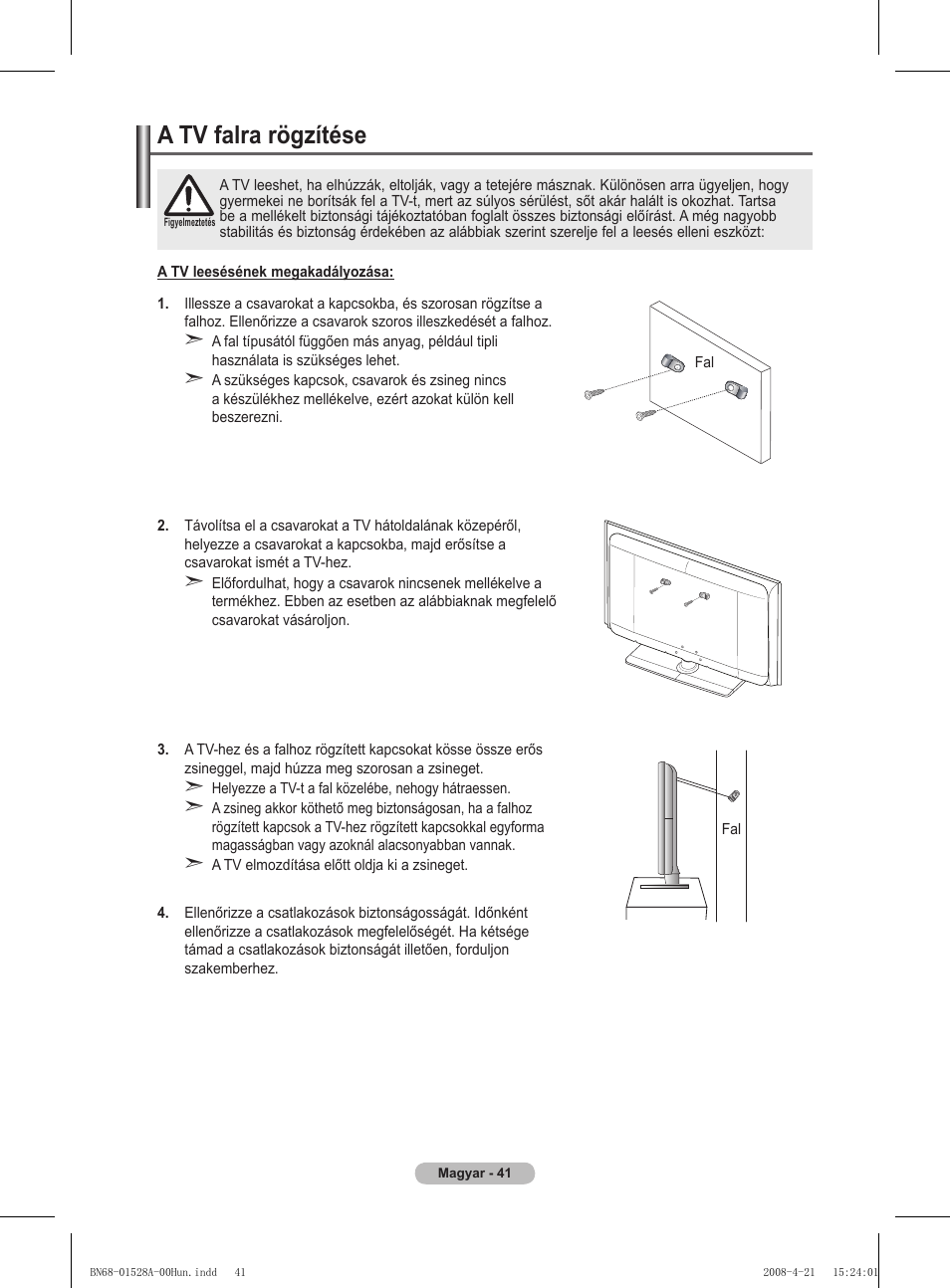 A tv falra rögzítése | Samsung PS50A470P1 User Manual | Page 344 / 519
