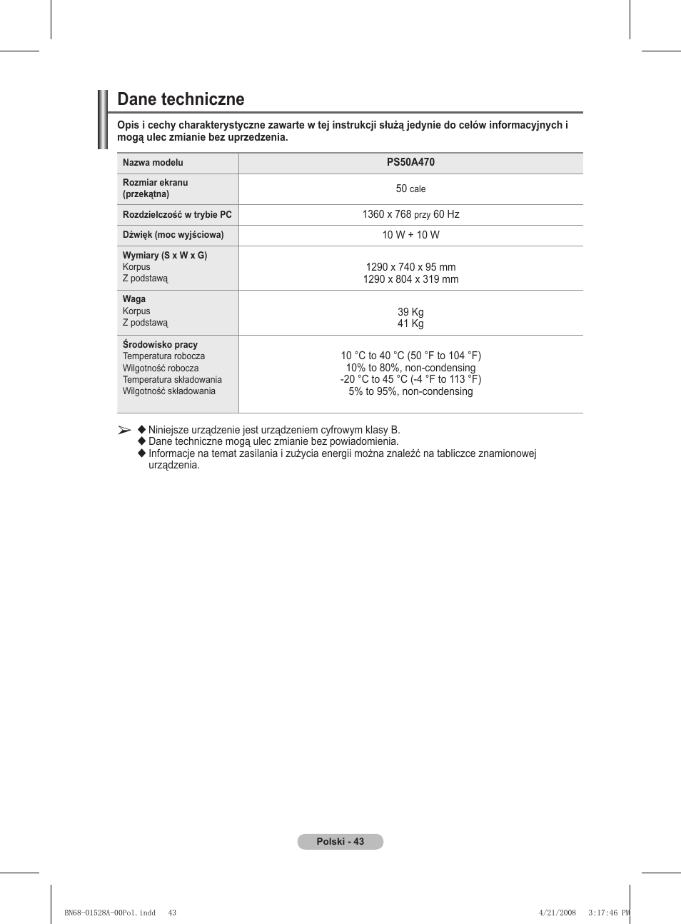 Dane techniczne | Samsung PS50A470P1 User Manual | Page 389 / 519
