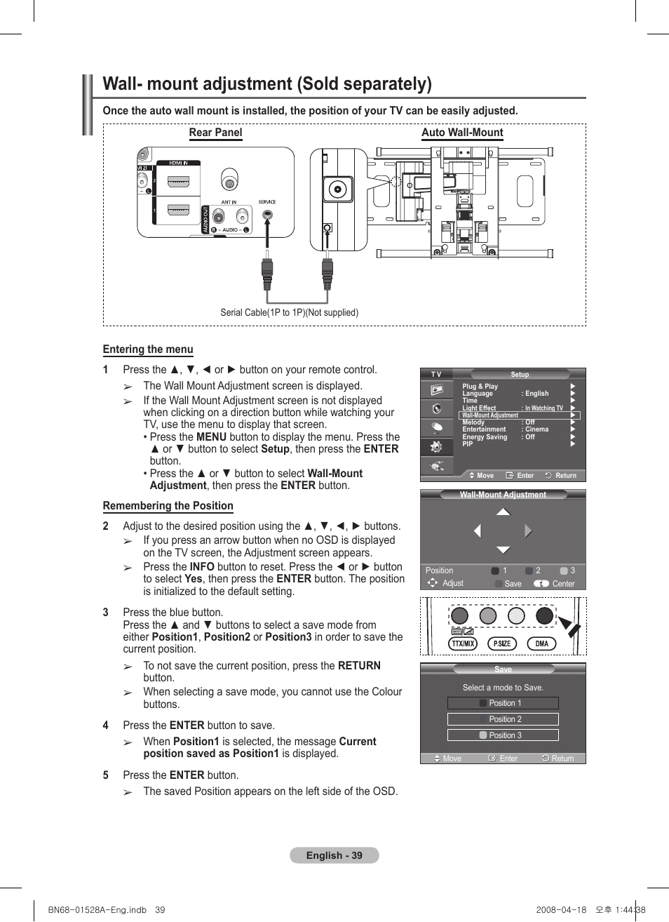 Wall- mount adjustment (sold separately) | Samsung PS50A470P1 User Manual | Page 39 / 519